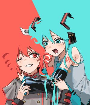 2girls aqua_background aqua_eyes aqua_hair bare_shoulders blending buttons commentary detached_sleeves double-breasted grey_jacket grey_shirt hair_ribbon hatsune_miku headset highres hug hug_from_side jacket kasane_teto kasane_teto_(sv) multiple_girls neoulnul number_tattoo one_eye_closed open_mouth red_background red_eyes red_hair ribbon shirt shoulder_tattoo sleeveless sleeveless_shirt smile synthesizer_v tattoo teeth two-tone_background utau vocaloid white_ribbon