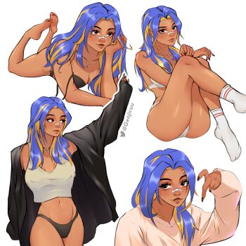 1girl absurdres ankle_socks black_bra black_eyes black_nails black_panties black_shirt blonde_hair blue_hair blush bra brown_lips closed_mouth dark-skinned_female dark_skin genjiruu half-heart_hands highres looking_at_viewer multicolored_hair multiple_views neon_(valorant) no_pants oversized_clothes oversized_shirt panties shirt simple_background smile socks solo_focus streaked_hair sweater tank_top two-tone_hair underwear undressing valorant white_background white_bra white_panties white_socks white_sweater white_tank_top