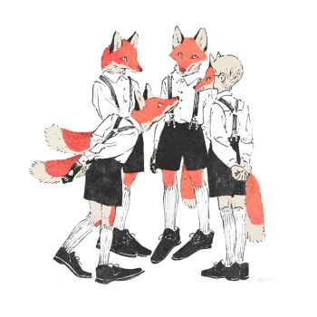 4boys arms_behind_back body_fur child fake_tail fox_boy fox_mask full_body furry furry_male kneehighs looking_at_another male_focus mask multiple_boys nagabe orange_fur original school_uniform shirt short_hair shorts simple_background socks suspenders tail very_short_hair white_background