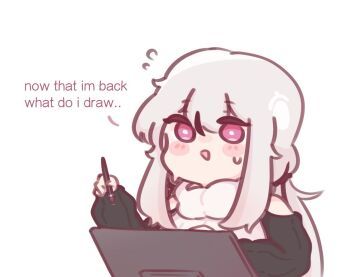 1girl artist_self-insert black_hair blush_stickers chibi chonkyorca clothing_cutout commentary english_text flying_sweatdrops grey_hair hair_between_eyes hand_up holding holding_stylus long_hair long_sleeves low_twintails multicolored_hair orca_(chonkyorca) original puffy_long_sleeves puffy_sleeves purple_eyes shoulder_cutout simple_background small_sweatdrop solo streaked_hair stylus sweat sweater symbol-only_commentary turtleneck turtleneck_sweater twintails very_long_hair white_background white_sweater