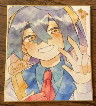 Rule 34 | aoya (ayoyame18), black hair, blueberry academy school uniform, collared shirt, colored inner hair, commentary request, crossed bangs, gloves, grin, hairband, highres, jacket, kieran (pokemon), looking at viewer, male focus, mole, mole on neck, multicolored hair, nintendo, painting (medium), partially fingerless gloves, pokemon, pokemon sv, purple hair, red gloves, school uniform, shirt, single glove, smile, thick eyebrows, traditional media, two-tone hair, w, watercolor (medium), white jacket, yellow bag, yellow eyes, yellow hairband