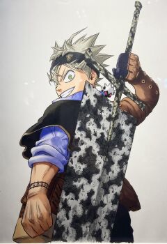 1boy asta_(black_clover) black_capelet black_clover black_headband capelet green_eyes grey_background grey_hair grin headband highres holding holding_sword holding_weapon huge_weapon liebe_(black_clover) looking_at_viewer looking_back official_art short_hair smile sword tabata_yuuki weapon