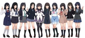 Rule 34 | 6+girls, ahoge, akemi homura, akemi homura (magical girl), akiyama mio, aqua eyes, awa subaru, bang dream!, black hair, black leggings, black socks, blazer, blue eyes, blue skirt, breasts, brown hair, brown shoes, chitanda eru, closed mouth, color connection, dress, full body, girls band cry, hair color connection, hair down, hairband, hanasakigawa school uniform, hibike! euphonium, highres, houjou high school uniform, hyouka, idolmaster, idolmaster cinderella girls, inoue takina, jacket, k-on!, kamiyama high school uniform (hyouka), kitashirakawa tamako, kitauji high school uniform, kousaka reina, leggings, long hair, looking at viewer, lycoris recoil, lycoris uniform, mahou shoujo madoka magica, medium breasts, miniskirt, multiple girls, neck ribbon, neckerchief, necktie, paid reward available, pinafore dress, pink neckerchief, plaid clothes, plaid skirt, pleated skirt, purple eyes, ribbon, sailor collar, sakuragaoka high school uniform, school uniform, serafuku, shibuya rin, shirokane rinko, shirt, shirt tucked in, shoes, skirt, sleeveless, sleeveless dress, smile, socks, standing, straight hair, striped necktie, tamako market, thighs, touma kazusa, trait connection, transparent background, v, very long hair, vodka13, white album (series), white album 2, white shirt