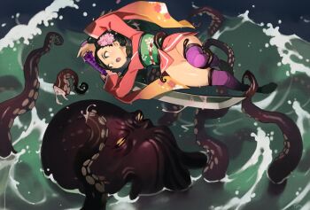 1girl animal armor arms_up black_socks brown_eyes brown_hair convenient_leg flower from_above hair_flower hair_ornament highres holding holding_sword holding_weapon japanese_armor japanese_clothes katana kimono long_sleeves momohime no_panties oboro_muramasa octopus open_mouth optionaltypo pink_kimono purple_thighhighs sandals short_kimono shoulder_armor socks sode striped_clothes striped_thighhighs suction_cups sword tentacles thighhighs water weapon wide_sleeves