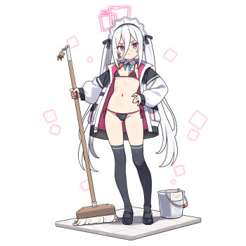 1girl bikini bikini_under_clothes black_bikini black_shoes black_thighhighs blue_archive breasts broom bucket closed_mouth collar detached_collar gluteal_fold groin hair_between_eyes halo hand_on_own_hip hatsunatsu holding holding_broom jacket kei_(blue_archive) kei_(new_body)_(blue_archive) kei_(robot)_(blue_archive) loli long_sleeves navel open_clothes open_jacket puffy_long_sleeves puffy_sleeves purple_eyes shoes side-tie_bikini_bottom simple_background sleeves_past_wrists small_breasts solo swimsuit thighhighs tile_floor tiles twintails v-shaped_eyebrows white_background white_collar white_hair white_jacket wing_collar