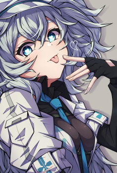 1girl :p absurdres between_breasts black_gloves black_shirt blue_eyes blue_necktie blush breasts collared_shirt elbow_gloves fingerless_gloves florence_(girls&#039;_frontline_2) from_side girls&#039;_frontline girls&#039;_frontline_2:_exilium gloves hand_up heart heart-shaped_pupils highres jacket kakuzatou_(cubesugar03196) long_hair looking_at_viewer medium_breasts naughty_face necktie necktie_between_breasts open_clothes open_jacket pa-15_(girls&#039;_frontline) shirt smile solo symbol-shaped_pupils tongue tongue_out upper_body very_long_hair white_hair white_jacket