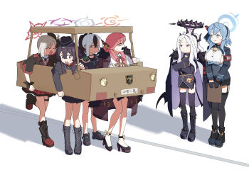 6+girls :d ^_^ adon_(dufaladanidu) ahoge ako_(blue_archive) armband aru_(blue_archive) bell black_boots black_choker black_gloves black_hair black_halo black_horns black_shoes blue_archive blue_eyes blue_hair blue_halo boots breasts brown_coat brown_horns cardboard choker closed_eyes coat coat_on_shoulders commentary cowbell crossed_arms demon_girl demon_horns earclip expressionless flower fur-trimmed_coat fur_trim furrowed_brow garrison_cap gloves grey_hair grey_halo hair_flower hair_ornament halo haruka_(blue_archive) hat high_heels highres hina_(blue_archive) horns kayoko_(blue_archive) large_breasts long_hair looking_at_another low_horns multicolored_hair multiple_girls multiple_horns mutsuki_(blue_archive) neck_bell neck_ribbon open_mouth orange_halo parted_bangs pleated_skirt problem_solver_68_(blue_archive) purple_eyes purple_hair purple_halo red_armband red_eyes red_halo red_ribbon red_skirt ribbon shoes side_ponytail sideboob sideless_outfit sideless_shirt simple_background skirt smile sneakers stifled_laugh two-tone_hair untranslatable_commentary very_long_hair white_background white_hair