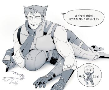 2boys absurdres beard bodysuit closed_eyes deadpool deadpool_&amp;_wolverine deadpool_(series) facial_hair gloves hand_on_own_face head_rest highres large_pectorals lying lying_on_person male_focus marvel marvel mask multiple_boys muscular muscular_male on_stomach pectoral_press pectorals sgsg50200 short_hair sleeveless smirk speech_bubble superhero_costume teeth thought_bubble translation_request wolverine_(x-men) x-men yaoi