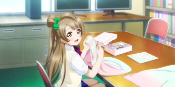 1girl anime_coloring bloom blue_skirt blunt_bangs blurry blurry_background blush bokeh book bookshelf bow bowtie brown_hair brown_sweater_vest chair clubroom computer computer_tower depth_of_field desk diagonal-striped_bow diagonal-striped_bowtie diagonal-striped_clothes dress_shirt folding_chair from_side green_bow hair_bow highres holding holding_cloth holding_needle holding_sewing_needle indoors light_rays long_hair looking_at_viewer looking_to_the_side love_live! love_live!_school_idol_festival_all_stars love_live!_school_idol_project minami_kotori miniskirt monitor multiple_monitors needle official_art on_chair one_side_up open_mouth otonokizaka_school_uniform paper plaid_clothes plaid_skirt pleated_skirt red_bow red_bowtie school_uniform sewing sewing_kit sewing_needle shelf shirt short_sleeves sitting skirt smile solo striped_bow striped_bowtie striped_clothes summer_uniform sunbeam sunlight sweater_vest white_shirt window yellow_eyes