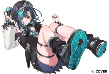 1girl aqua_hair black_hair black_shirt blue_shorts blush boots colored_shoe_soles grin hair_between_eyes headphones headphones_around_neck highres holding holding_microphone hololive hololive_dev_is holster jewelry long_hair long_sleeves looking_at_viewer microphone multicolored_hair official_art rindo_chihaya ring shirt shoe_soles shorts simple_background smile solo spiked_boots streaked_hair thigh_strap thighs virtual_youtuber white_background white_hair