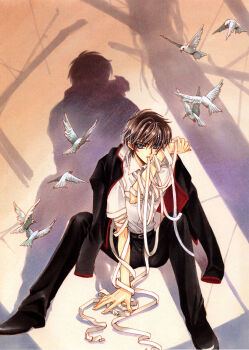 1boy arm_between_legs bandaged_arm bandages belt bird black_coat black_hair black_pants black_shoes blue_eyes clamp coat dove flock highres jacket jacket_on_shoulders looking_at_viewer male_focus mouth_hold pants shadow shirou_kamui shoes short_hair short_sleeves sitting solo spread_legs traditional_media two-sided_coat two-sided_fabric us x_(manga)