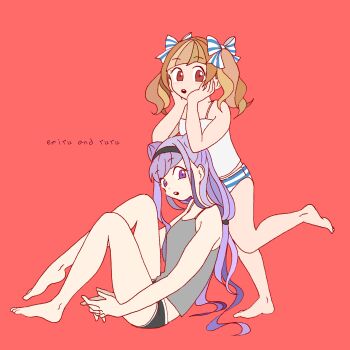 2girls aisaki_emiru anime_coloring arms_on_head bare_arms bare_legs bare_shoulders barefoot bikini black_bikini black_hairband blue_bikini blue_bow blunt_bangs bow brown_eyes brown_hair character_name collarbone commentary_request cone_hair_bun dot_nose double_bun expressionless eyelashes feet full_body grey_tank_top hair_bow hair_bun hair_spread_out hairband height_difference highres hugtto!_precure interlocked_fingers knees_up leg_up long_hair long_sidelocks low_twintails medium_hair mismatched_bikini multicolored_bikini multiple_girls open_mouth own_hands_together precure purple_eyes purple_hair red_background ruru_amour sidelocks simple_background sitting spaghetti_strap standing striped_bikini striped_bow striped_clothes swimsuit takahoshi_(yunch327) tank_top tankini tareme teeth toes twintails two-tone_bikini two-tone_bow upper_teeth_only very_long_hair wavy_hair white_bikini white_bow white_tank_top