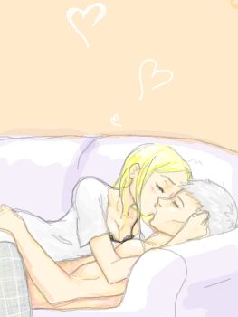 blonde_hair couple doctor elisa fox frank_jaeger girl_on_top gray_fox_(metal_gear) lying metal_gear_(series) metal_gear_solid:_portable_ops null_(metal_gear) pairing pajamas ursula_(metal_gear) white_hair