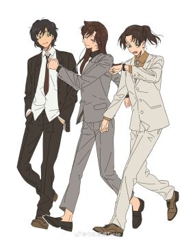 3girls aged_up artist_name black_hair black_jacket black_necktie black_pants black_suit breasts brown_hair closed_mouth collared_shirt commentary_request formal_clothes green_eyes grey_suit highres jacket long_hair long_sleeves meitantei_conan mouri_ran multiple_girls necktie open_mouth pant_suit pants ponytail sera_masumi shirt short_hair smile suit suit_jacket table_(zhuo0715) tooyama_kazuha watermark white_shirt