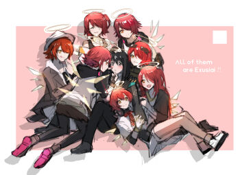 Rule 34 | 6+girls, amano toshi, arknights, black eyes, black gloves, black hair, black legwear, black pants, blush, brown gloves, closed eyes, closed mouth, commentary request, doctor (arknights), english text, exusiai (arknights), exusiai (city rider) (arknights), exusiai (wild operation) (arknights), eyewear on head, female doctor (arknights), fingerless gloves, gloves, hair between eyes, hair over one eye, halo, hand on head, headphones, highres, kneeling, licking lips, looking at another, lying, multiple girls, official alternate costume, open mouth, orange eyes, pants, pantyhose, parted lips, pout, red hair, shadow, shoes, short hair, short shorts, shorts, sketch, smile, sunglasses, tongue, tongue out, white gloves, yuri