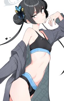 1girl absurdres alternate_costume bare_shoulders black_hair black_sports_bra blue_archive breasts butterfly_hair_ornament closed_mouth collarbone commentary_request dot_nose double_bun fingernails grey_eyes grey_halo grey_jacket hair_bun hair_ornament halo hand_up highres isocha jacket kisaki_(blue_archive) loli long_hair long_sleeves looking_at_viewer nail_polish navel off_shoulder open_clothes open_jacket pink_nails pinstripe_jacket pinstripe_pattern simple_background single_bare_shoulder small_breasts smile solo split_mouth sports_bra sportswear standing striped_clothes striped_jacket thighs twintails vertical-striped_clothes vertical-striped_jacket very_long_hair white_background