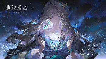 1girl bare_shoulders beryl_bouanich black_cloak blue_background blue_eyes cloak closed_mouth collarbone copyright_name crescent crescent_earrings crystal crystal_earrings dragonfly_hair_ornament earrings facing_viewer floating_earrings glowing grey_hair hands_up highres jewelry light_particles logo long_hair looking_down mismatched_earrings official_art reverse:1999 solo upper_body