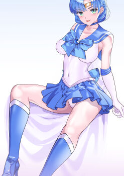 1girl absurdres arion_canvas armpit_crease back_bow bishoujo_senshi_sailor_moon blue_boots blue_bow blue_choker blue_hair blue_sailor_collar boots bow brooch choker circlet collarbone covered_navel elbow_gloves gloves green_eyes high_heel_boots high_heels highres jewelry knee_boots lips looking_at_viewer miniskirt mizuno_ami panties pantyshot pleated_skirt sailor_collar sailor_mercury sitting skirt smile thick_thighs thighs underwear