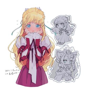 Rule 34 | 1girl, absurdres, agarte lindblum, blonde hair, blue eyes, blue ribbon, blush, chibi, claire bennett, commentary request, dress, flower, flying sweatdrops, hair flower, hair ornament, hair ribbon, hands on own cheeks, hands on own face, highres, juliet sleeves, long hair, long sleeves, looking at viewer, nancykittyu, puffy sleeves, red dress, ribbon, simple background, solo, tales of (series), tales of rebirth, translation request, white background