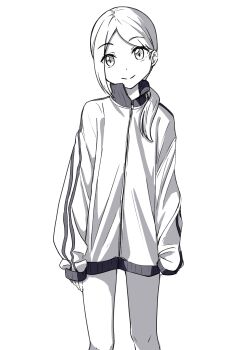 Rule 34 | 1girl, absurdres, closed mouth, clothes pull, commentary request, cowboy shot, dot nose, highres, jacket, light smile, long single sidelock, looking ahead, monochrome, negimiso1989, original, ponytail, pulling own clothes, short hair, simple background, single sidelock, sleeves past wrists, smile, solo, standing, track jacket, white background