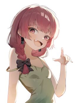 1girl absurdres agm bare_arms black_bow blush bocchi_the_rock! bow braid breasts commentary dress fang green_dress hair_bow highres hiroi_kikuri looking_at_viewer red_hair simple_background sleeveless sleeveless_dress small_breasts smile solo strap_slip upper_body white_background