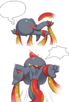 Rule 34 | 1girl, ^^^, bound, bound legs, claws, colored sclera, colored skin, faceless, faceless female, fangs, female focus, grey skin, highres, imminent penetration, monster girl, multiple views, no eyes, open mouth, original, red sclera, simple background, spread legs, stomach bulge, suspension, tail, teeth, tentacle sex, tentacles, thighs, tongue, tongue out, tosx, uncensored, upper teeth only, vaginal, white background, yellow eyes