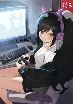 1girl absurdres animal_ear_headphones animal_ears axent_wear black_jacket black_shorts cat_ear_headphones cat_ears chair closed_mouth commission computer computer_keyboard controller fake_animal_ears game_controller headphones highres holding holding_controller holding_game_controller jacket long_hair long_sleeves looking_at_viewer looking_back nogong off_shoulder original puffy_long_sleeves puffy_sleeves red_eyes shirt short_shorts shorts sitting smile solo swivel_chair thighs twintails very_long_hair white_shirt