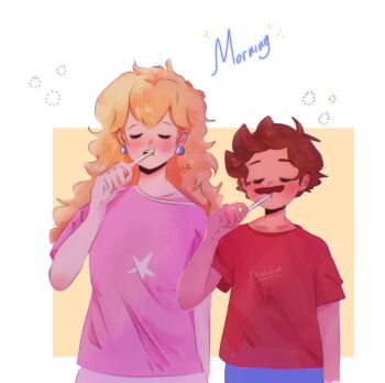 1boy 1girl alternate_costume bad_id bad_twitter_id blonde_hair blue_shorts blush brown_hair brushing_teeth closed_eyes earrings english_text facial_hair highres holding holding_toothbrush jewelry juniperlol0 long_hair mario mario_(series) mustache nintendo open_mouth pink_shirt princess_peach red_shirt shirt short_hair short_sleeves shorts standing toothbrush
