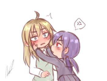 Rule 34 | 2girls, ^^^, ahoge, anger vein, aosora (mizore), black serafuku, black shirt, black skirt, blonde hair, blue eyes, blush, closed mouth, collared shirt, commentary request, empty eyes, from behind, green sweater vest, hair between eyes, hands on another's face, hands up, hayano yuuki, long hair, long sleeves, looking ahead, looking at another, low twintails, multiple girls, open mouth, original, pleated skirt, purple hair, red eyes, school uniform, serafuku, shirt, sidelocks, signature, simple background, skirt, speech bubble, spoken anger vein, sweater vest, twintails, upper body, v-shaped eyebrows, white background, white shirt, wide-eyed, yazaki shiori, yuri