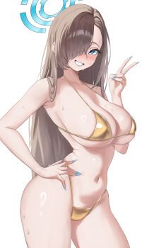 Rule 34 | 1girl, absurdres, asuna (blue archive), bikini, blue archive, blue eyes, blue halo, blue nails, breasts, brown hair, fingernails, gold bikini, golden week, halo, highres, large breasts, long hair, looking at viewer, mole, mole on breast, nail polish, nam gil, navel, simple background, solo, standing, sweat, swimsuit, thighs, v, very long hair, white background