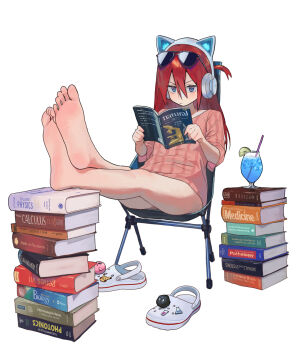 1girl animal_ear_headphones animal_ears barefoot blue_eyes book cat_ear_headphones cat_ears chair cocktail_glass crocs cup drinking_glass fake_animal_ears feet headphones highres long_hair looking_at_viewer original presenting_feet presenting_soles reading red_hair shoes sitting soles some1else45 sunglasses_on_head toes unworn_shoes
