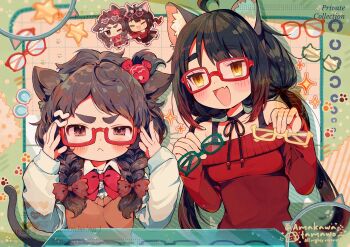 Rule 34 | 2girls, :<, :d, adjusting eyewear, amakawa tamawo, animal ear fluff, animal ears, artist name, bare shoulders, black choker, black hair, blush, bow, bowtie, braid, brown eyes, brown sweater vest, cat ears, cat girl, cat tail, chibi, choker, closed mouth, collared shirt, commentary request, commission, dot nose, fang, glasses, green-framed eyewear, grid background, highres, holding, holding removed eyewear, long hair, long sleeves, multiple girls, off-shoulder sweater, off shoulder, open mouth, original, parted bangs, rectangular eyewear, red-framed eyewear, red bow, red bowtie, red sweater, ribbon choker, shirt, skin fang, smile, sparkle, sweater, sweater vest, tail, thick eyebrows, twin braids, unworn eyewear, upper body, white shirt, yellow-framed eyewear, yellow eyes