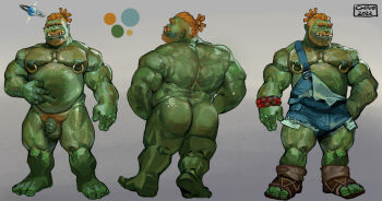 1boy abs bara bare_pectorals beard belly belly_grab bulge chivo_(kalchivo) colored_skin completely_nude denim_overalls dreadlocks energy_ball face_piercing facial_hair farmer fat fat_man flaccid from_behind full_beard full_body green_skin hairy highres huge_eyebrows large_pectorals looking_at_viewer looking_back male_focus male_pubic_hair mature_male monster_boy multiple_views muscular muscular_male mustache navel_hair nipple_piercing nipple_rings nipples nose_piercing nose_ring nude orange_hair orc original overalls pectorals penis piercing pointy_ears profile pubic_hair reference_sheet second-party_source sparse_arm_hair standing strongman_waist thick_ass_hair thick_chest_hair thick_leg_hair thick_mustache thick_thighs thighs torn_clothes torn_overalls tusks ugly_bastard uncensored vael_(bulph)