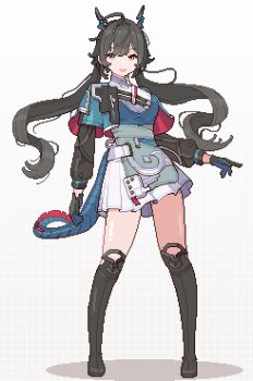 Rule 34 | 1girl, arknights, arknights: endfield, black boots, black gloves, black hair, blue gloves, blue horns, blue tail, boots, chen qianyu (arknights), commentary, cow, dragon girl, dragon horns, dragon tail, eastern dragon horns, eastern dragon tail, full body, gamepix, gloves, horns, jacket, long hair, long sleeves, looking at viewer, multicolored gloves, open clothes, open mouth, pixel art, revision, simple background, smile, solo, standing, symbol-only commentary, tail, twintails, two-tone gloves, white background