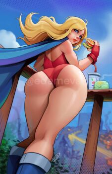 1girl artist_name ass blonde_hair blue_boots blue_cape blue_eyes blue_sky boots burger cape cup day disposable_cup ed_(edemevas) fingerless_gloves food gloves highres holding holding_burger holding_food leotard long_hair looking_at_viewer looking_back original outdoors red_gloves red_leotard signature sky solo watermark