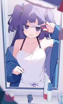 1girl absurdres alternate_costume bare_shoulders bathroom blue_archive blush breasts collarbone commentary_request cut_bangs cutting_hair cutting_own_hair halo highres indoors long_hair mechanical_halo mirror open_mouth pekeko_(pepekekeko) purple_eyes purple_hair reflection scissors solo two_side_up yuuka_(blue_archive)