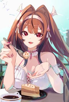 1girl absurdres animal_ear_fluff animal_ears armband bare_shoulders bird bracelet breasts cake cleavage collar collarbone commentary_request cross-laced_clothes cross-laced_top cup droopy_ears elbow_rest fingernails food fork frilled_armband frilled_collar frilled_shirt frills hair_intakes hairband highres holding holding_fork incoming_food jewelry large_breasts long_hair looking_at_viewer multicolored_hairband official_alternate_costume open_mouth pink_nails plate red_eyes shinakou@skeb shirt solo table upper_body white_armband white_bird white_hairband ye_shunguang ye_shunguang_(touch_of_dawnlight) zenless_zone_zero