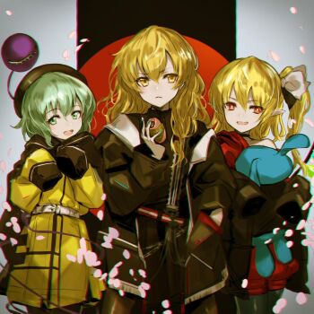 3girls alternate_costume belt blonde_hair chromatic_aberration collared_shirt falling_petals flandre_scarlet food green_hair hair_ribbon hand_in_pocket highres holding holding_food hugging_doll hugging_object kirisame_marisa komeiji_koishi koto_suomi multiple_girls off-shoulder_sweater off_shoulder pantyhose petals ribbon shirt side_ponytail simple_background sleeves_past_fingers sleeves_past_wrists stuffed_animal stuffed_toy sweater techwear third_eye touhou