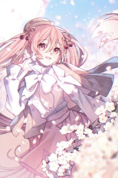 1girl absurdly_long_hair bag blush boots cherry_blossoms cherry_hair_ornament commentary_request falling_petals flower food-themed_hair_ornament grey_jacket hair_between_eyes hair_ornament hatsune_miku heart highres holding holding_bag holding_flower jacket jacket_on_shoulders kitton_(hekiku13) long_hair long_sleeves looking_at_viewer official_alternate_costume open_mouth petals pink_eyes pink_flower pink_hair pink_petals pink_skirt pleated_skirt sakura_miku sakura_miku_(rella) shirt signature sitting skirt smile solo twintails very_long_hair vocaloid white_shirt