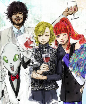 1girl 1other 2boys alien alternate_costume blonde_hair colored_skin commentary_request cotori_(globule) gnosia grey_skin heart highres jewelry jonas_(gnosia) long_hair looking_at_viewer multiple_boys multiple_girls red_hair setsu_(gnosia) shigemichi short_hair simple_background smile sq_(gnosia) tattoo upper_body