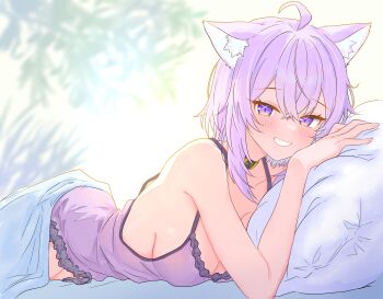 1girl absurdres ahoge animal_ear_fluff animal_ears bare_shoulders blush breasts camisole cat_ears cat_girl cleavage hair_between_eyes highres hololive large_breasts looking_at_viewer lying nekomata_okayu on_stomach parted_lips pillow purple_camisole purple_eyes purple_hair sideboob smile solo teeth virtual_youtuber warg_game