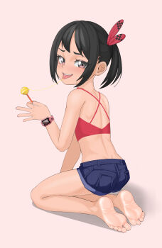 1girl ass bare_legs barefoot black_hair blue_shorts blush candy denim denim_shorts feet food from_behind full_body holding holding_candy holding_food holding_lollipop kneeling legs loli lollipop looking_at_viewer looking_back medium_hair open_mouth original pink_background saliva saliva_trail seiza shadow short_shorts shorts side_ponytail simple_background sitting soles solo teeth toes tongue tongue_out upper_teeth_only watch wristwatch ylcken