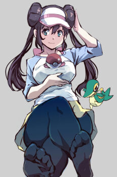 1girl black_pantyhose breasts brown_hair crossed_legs donut_hair_bun double_bun feet gen_5_pokemon green_eyes hair_bun kamisimo_90 long_hair looking_at_viewer medium_breasts nintendo pantyhose pantyhose_under_shorts poke_ball poke_ball_(basic) poke_ball_print pokemon pokemon_(creature) pokemon_bw2 raglan_sleeves rosa_(pokemon) shorts simple_background snivy solo thighs twintails visor_cap yellow_shorts
