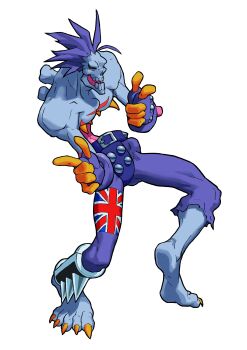 1boy absurdres belt bengus black_eyes darkstalkers double_finger_gun finger_gun fingerless_gloves full_body game_cg gloves highres looking_at_viewer lord_raptor male_focus non-web_source official_art open_mouth pants pointing pointing_at_viewer purple_hair red_pupils sharp_toenails simple_background solo spiked_hair toenails union_jack vampire_savior:_the_lord_of_vampire white_background zombie