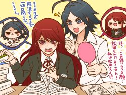 Rule 34 | 1boy, 1girl, ahoge, anger vein, arm on table, black eyes, black hair, black jacket, black necktie, black skirt, blazer, body switch, book, book stack, breasts, buttons, chibi, clenched hand, collarbone, collared shirt, commentary request, crest, danganronpa, danganronpa/zero, danganronpa (series), eyelashes, frustrated, furrowed brow, hand mirror, hand on own cheek, hand on own face, holding, holding mirror, jacket, large breasts, layered sleeves, light blush, long hair, long sleeves, looking at another, matsuda yasuke, mirror, neck ribbon, necktie, notice lines, open book, open clothes, open jacket, open mouth, otonashi ryouko, personality switch, pleated skirt, pocket, polka dot, polka dot background, purple eyes, reading, red hair, red ribbon, ribbon, shirt, short hair, simple background, skirt, skirt set, smile, solid eye, teeth, thick eyebrows, translation request, triangle mouth, turning page, two-tone background, upper body, upper teeth only, very long hair, white background, white shirt, yellow background, yumaru (marumarumaru)