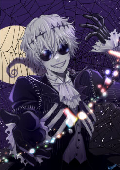 1boy black_crown commentary_request crown diamond_hairband formal_clothes gloves jacket long_sleeves male_focus missing_tooth oohashi_kaoru pinstripe_pattern pinstripe_suit pinstripe_vest round_eyewear short_hair skeleton_print skully_j._graves smile solo striped_clothes striped_vest suit sunglasses the_nightmare_before_christmas twisted_wonderland vertical-striped_clothes vertical-striped_vest vest white_hair