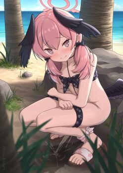 1girl arisu_kazumi beach bikini bikini_pull black_bikini black_wings blue_archive blush brown_sandals closed_mouth clothes_pull cloud collarbone embarrassed feathered_wings flat_chest floral_print floral_print_bikini grass halo head_wings koharu_(blue_archive) koharu_(swimsuit)_(blue_archive) loli long_hair looking_to_the_side low_twintails low_wings ocean official_alternate_costume outdoors palm_tree pee peeing pink_eyes pink_hair print_bikini puddle rock sand sandals sky solo squatting sweat swimsuit toes tree twintails water wings