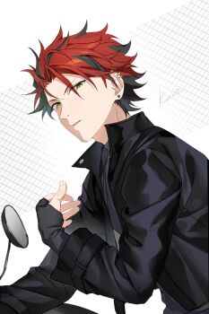 1boy absurdres black_gloves black_hair black_jacket character_name dreonya ensemble_stars! fingerless_gloves fingernails gloves green_eyes hand_up highres jacket kiryu_kuro long_sleeves looking_at_viewer male_focus multicolored_hair parted_lips red_hair short_hair side-view_mirror solo streaked_hair two-tone_hair upper_body white_background