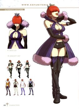 1girl boots breasts cleavage_cutout clothing_cutout coat crown dress female_focus fluffy gloves heart highres large_breasts latex leather long_hair medium_breasts open_clothes open_mouth pale_skin queen red_hair shermie_(kof) shiny_clothes shorts smile snk_heroines:_tag_team_frenzy socks standing the_king_of_fighters thighs