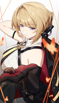 1girl absurdres arm_strap arm_up armpits bare_shoulders black_coat black_pants blonde_hair bug chawarabi chest_harness closed_mouth coat elbow_gloves evelyn_chevalier finger_gun from_side gloves half_gloves harness high-waist_pants highres holding holding_coat holding_unworn_clothes insect latex_pants looking_down moth necktie pants purple_eyes ring_hair_ornament see-through_clothes shirt single_elbow_glove single_half_glove smile solo string tight_clothes tight_pants unworn_coat white_background white_shirt yellow_necktie zenless_zone_zero